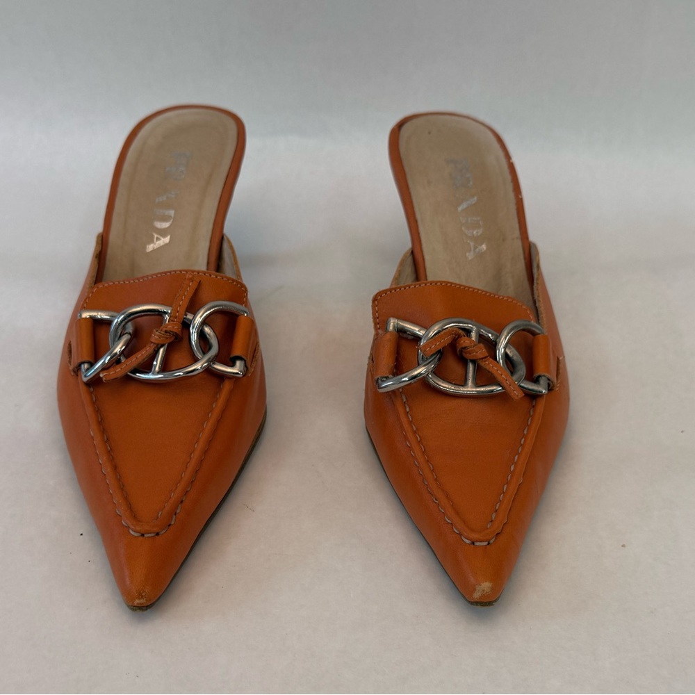 AUTHENTIC Vintage PRADA Orange Leather, Chain Link, Kitten Heel Mules